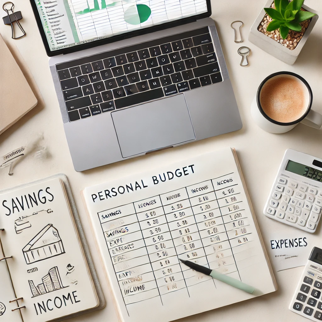 A minimalistic and organized workspace setup with a laptop on a desk, open to a personal budget template on Excel. A nearby notebook has handwritten notes