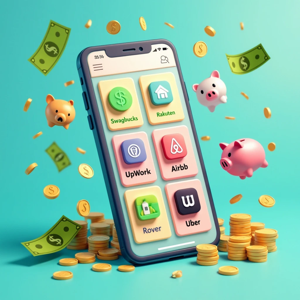 A phone with several money-making app icons displaying. There are piggy banks and money floating around the phone.