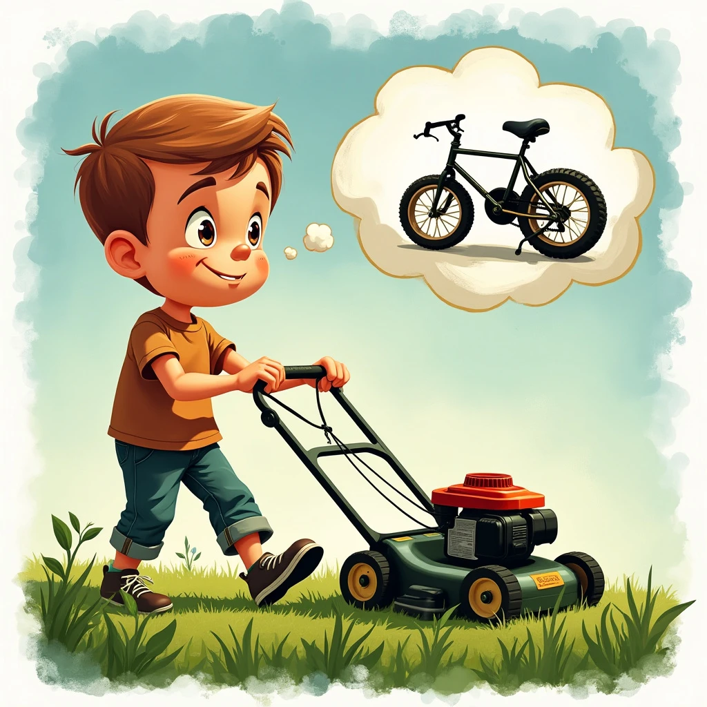 An image of a boy mowing a lawn. There's a thought bubble coming from his head with a bike in it.