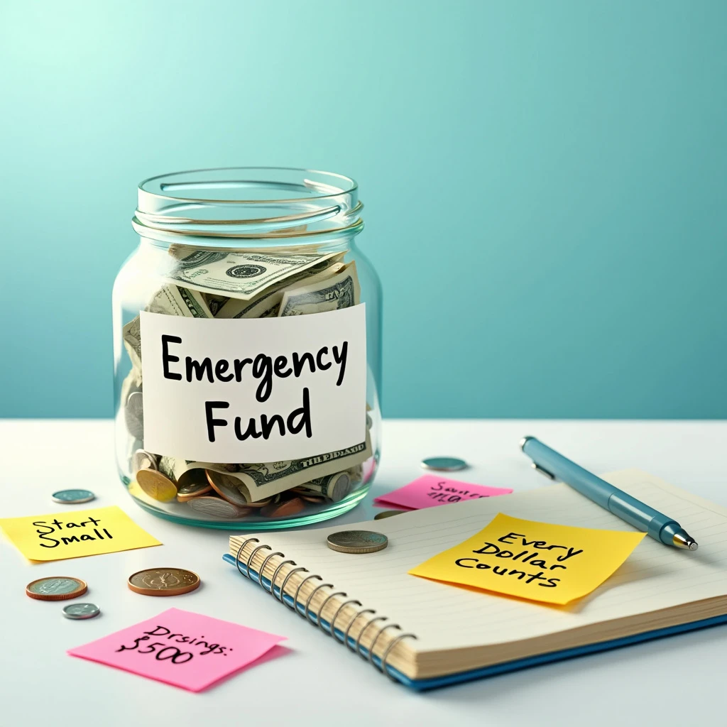 A large jar labeled 'Emergency Fund' is filled with money. Sticky notes with inspirational messages surround the jar.