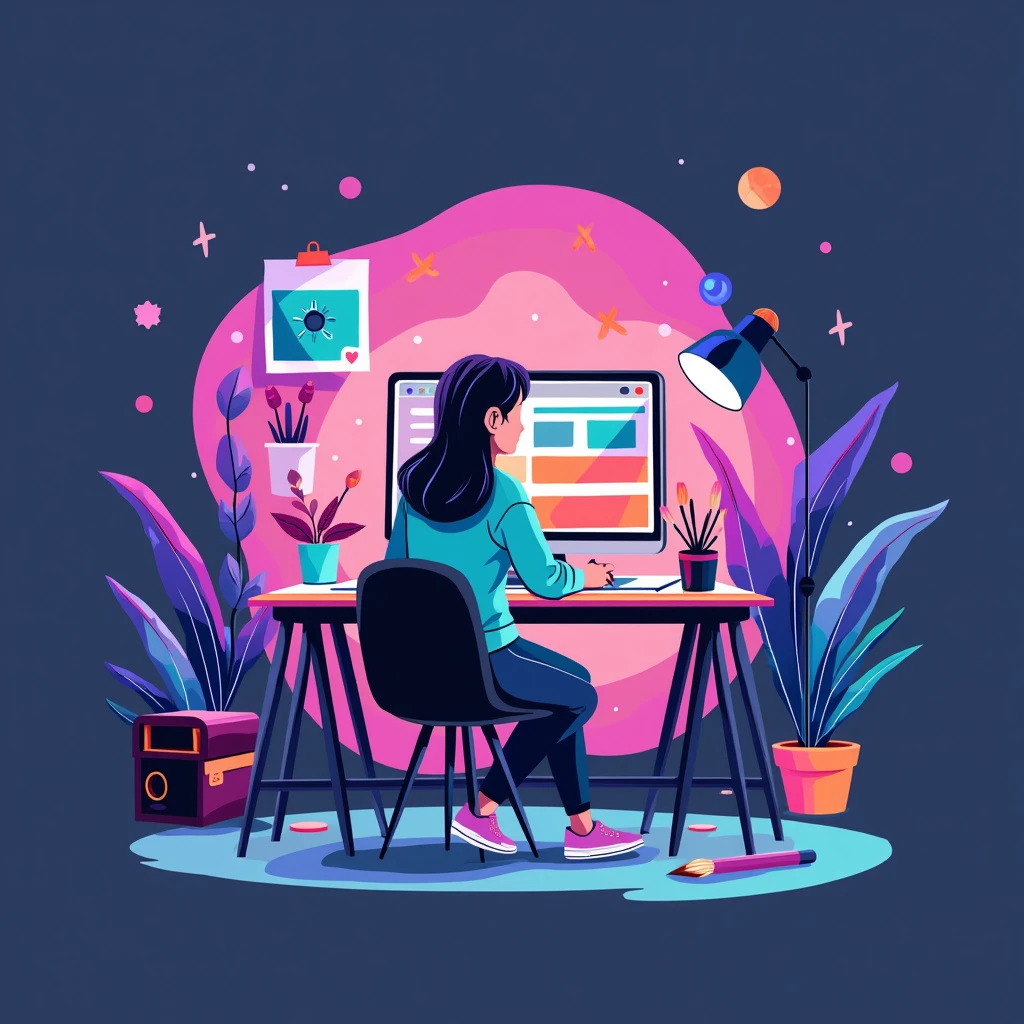 A vibrant image of a girl sitting at her computer.