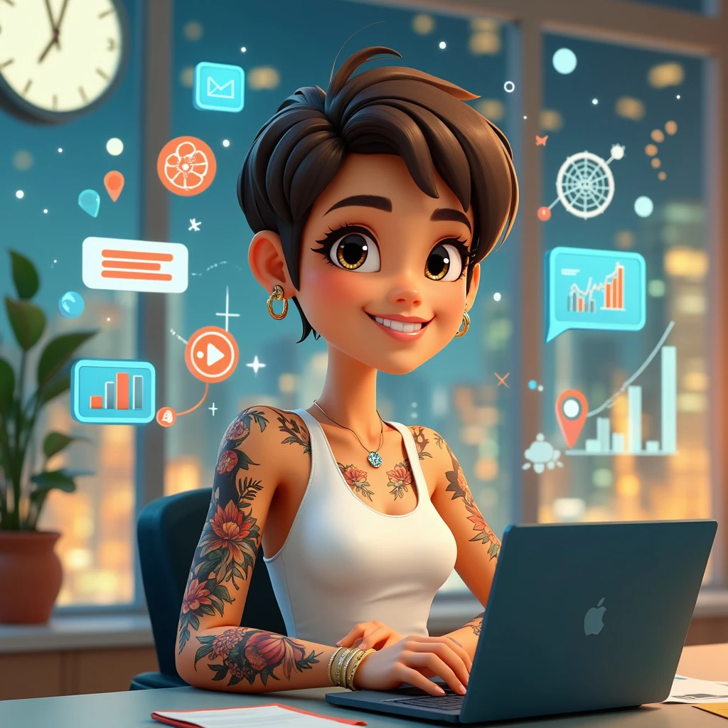 A smiling, animated female with short hair and tattoos, sitting behind a macbook.