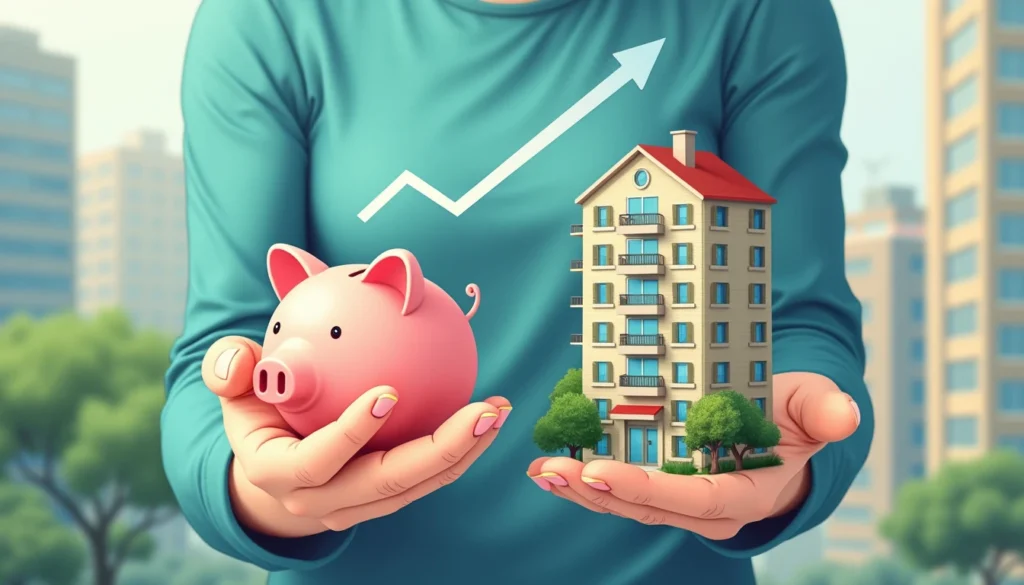 An image of a person holding a piggy bank in one hand and a small, modern apartment building in the other. An image of a person holding a piggy bank in one hand and a small, modern apartment building in the other.