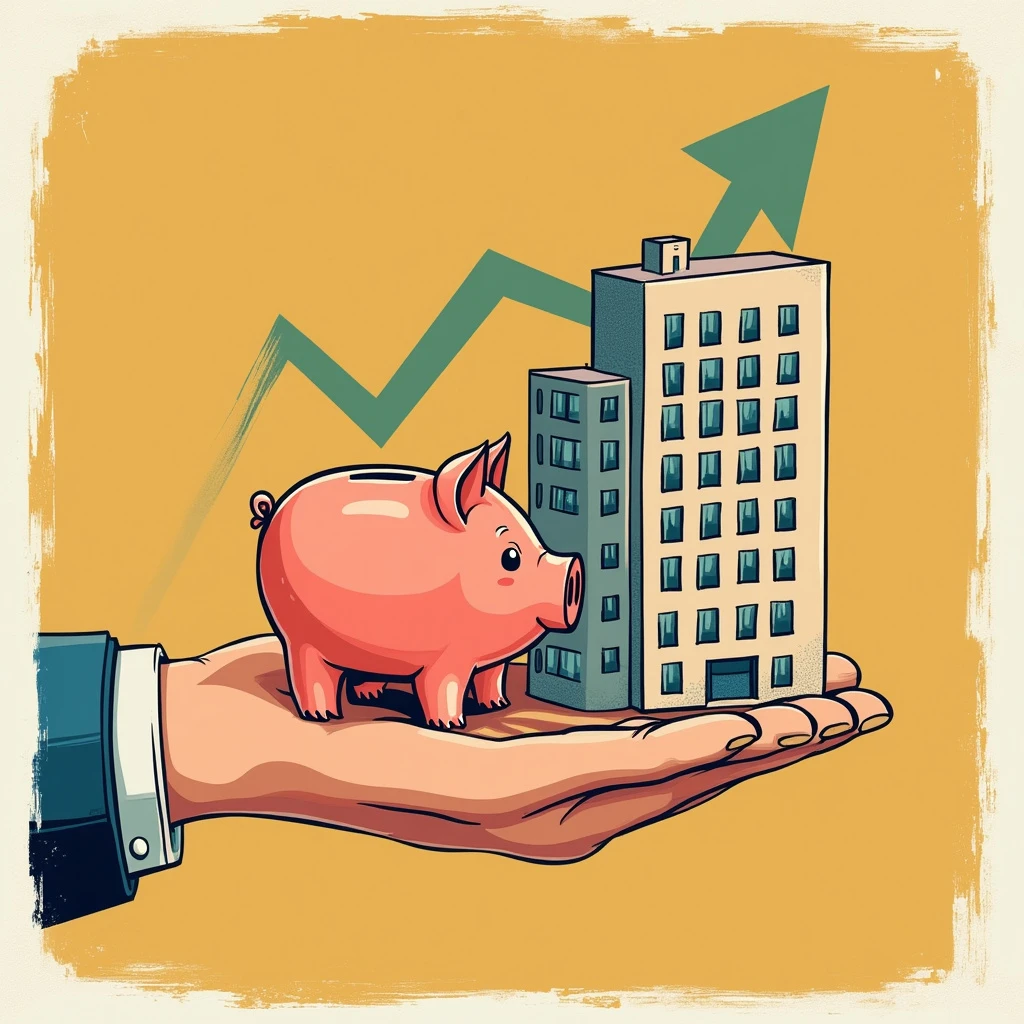 An image of a hand holding a piggy bank and an apartment building with a green line trending up.