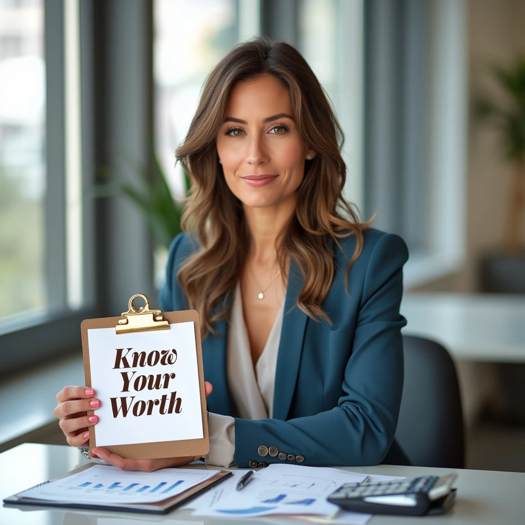 An image of a confident professional woman sitting at a desk in a modern office. She’s dressed in business attire (a tailored blazer and blouse) and is holding a clipboard or notepad with the words “Know Your Worth” written in a bold, elegant font. The expression on her face is calm and determined, showing that she’s ready to advocate for herself.