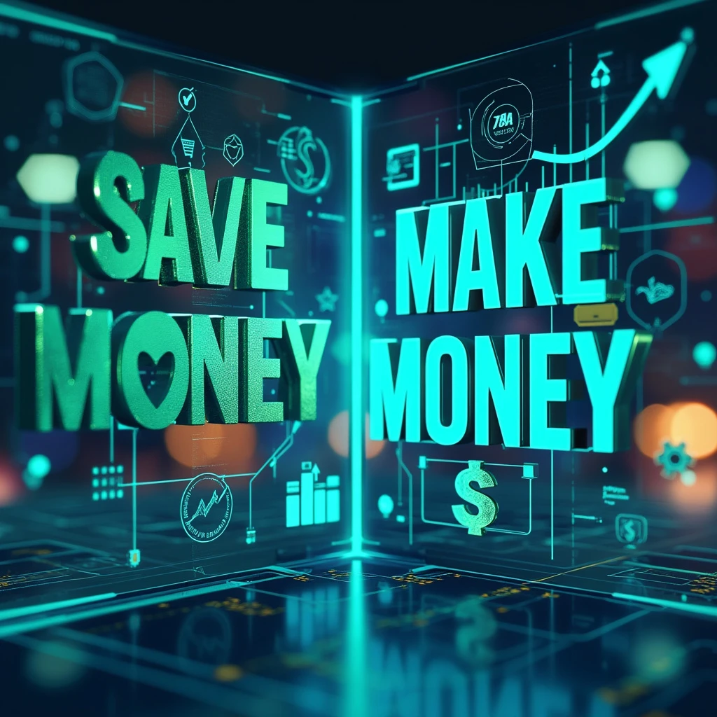 A stylish graphic that says 'Save Money' on one side and 'Make Money' on the other.