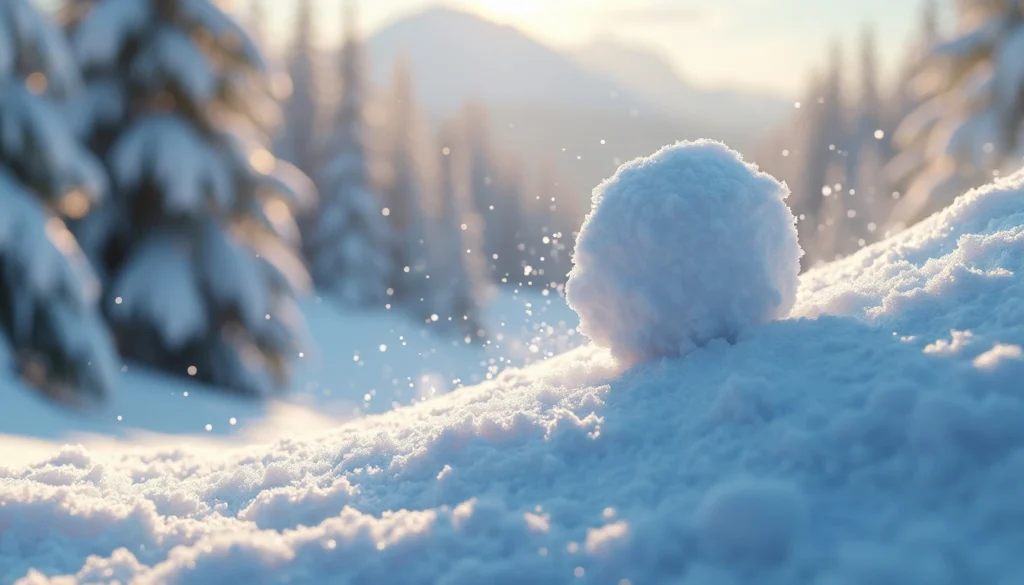 A snowball sitting on snow, glistening from the light of the sun.