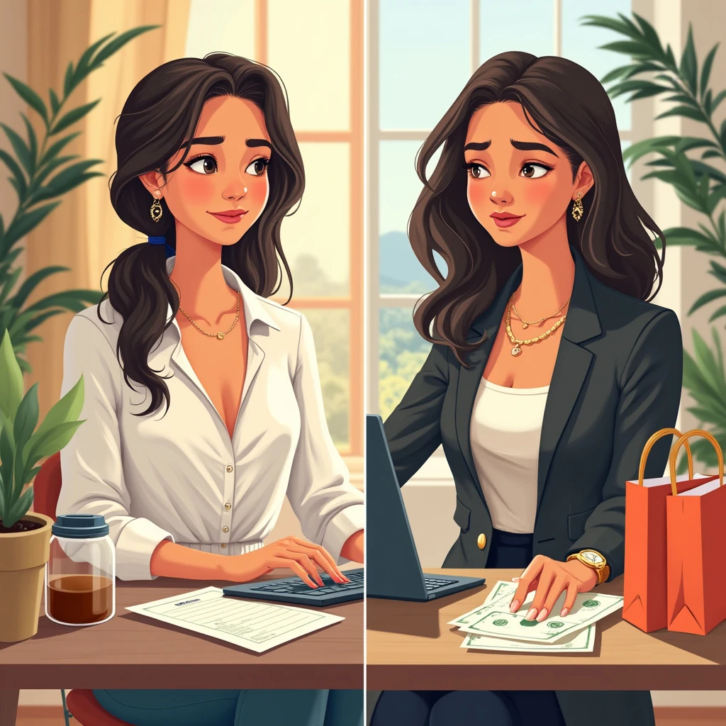 Two Lifestyles A split-screen illustration showing two contrasting lifestyles, both of which represent the same person with increased income.