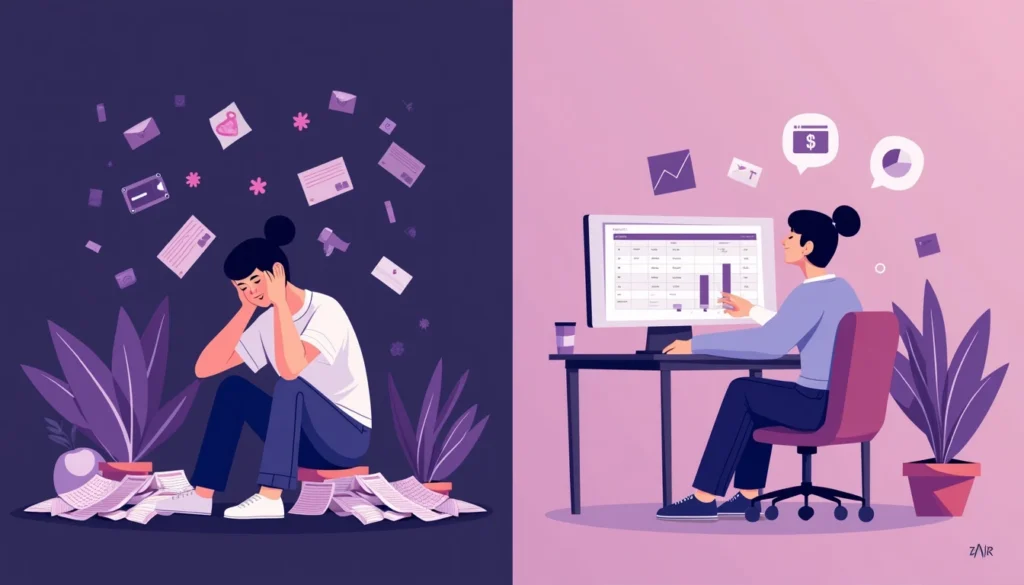 A split image with a flustered person looking at bills on one side and a happy person using tools to budget on the other side.