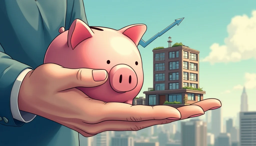 A hand holding a piggy bank and an apartment complex. There's an arrow going up implying savings.